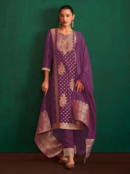 Janasya - Purple Floral Jacquard Woven Kurta with Pant and Dupatta (Set of 3)