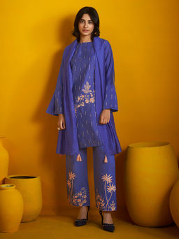 Janasya - Blue Embroidered Straight Kurta with Pant and Dupatta (Set of 3)