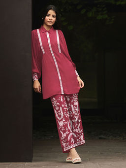 Janasya - Maroon Mirror Work Embroidered Kurti with Pant (Set of 2)