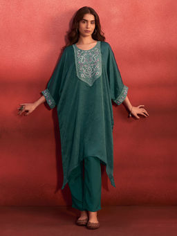 Janasya - Teal Organza Floral Embroidered Kaftan with Inner and Pant (Set of 3)