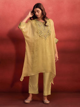 Janasya - Yellow Organza Floral Embroidered Kaftan with Inner and Pant (Set of 3)