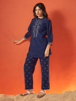 Janasya - Navy Blue Viscose Embroidered Short Kurti with Pant (Set of 2)