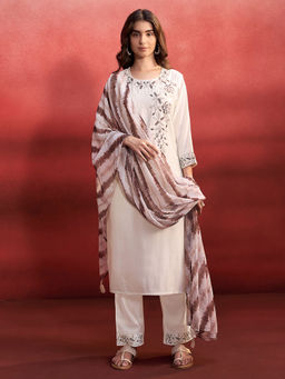 Janasya - Cream Floral Embroidered Straight Kurta with Pant and Dupatta (Set of 3)