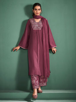 Janasya - Wine Floral Embroidered Kurta with Pant and Dupatta (Set of 3)