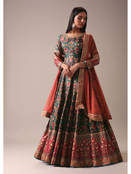 KALKI FASHION - Green Floral Printed Anarkali Kurta with Leggings and Dupatta (Set of 3)