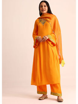 KALKI FASHION - Orange Embroidered Chiffon Kurta with Palazzo and Dupatta (Set of 3)