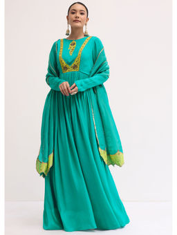 KALKI FASHION - Green Chiffon Embroidered Anarkali Kurta with Dupatta (Set of 2)
