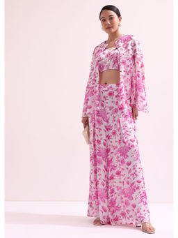 KALKI FASHION - Pink Floral Crop Top with Palazzo and Cape (Set of 3)