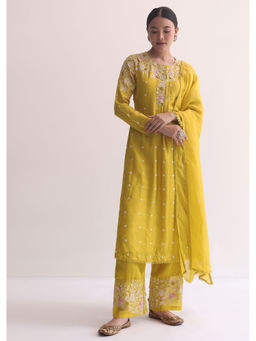 KALKI FASHION - Yellow Silk 3D Floral Kurta with Pant and Dupatta (Set of 3)
