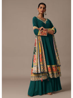 KALKI FASHION - Teal Embroidered Anarkali Kurta with Palazzo and Dupatta (Set of 3)