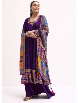 KALKI FASHION - Purple Embroidered Anarkali Kurta with Palazzo and Dupatta (Set of 3)