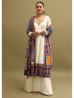 KALKI FASHION - White Printed Sequined Anarkali Kurta with Palazzo and Dupatta (Set of 3)