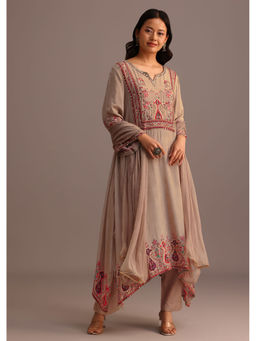 KALKI FASHION - Beige Printed Mirror Work Kurta with Pant and Dupatta (Set of 3)