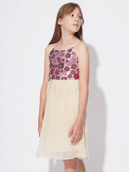 VERO MODA - Beige Girls Embellished Fit & Flare Dress
