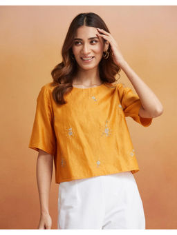 Fabindia - Mustard Cotton Silk Embroidered Short Top