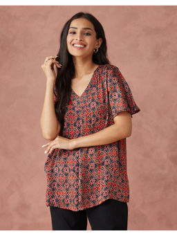 Fabindia - Red Rayon Blend Printed Top