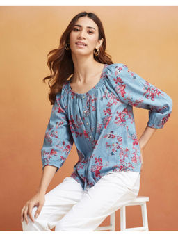 Fabindia - Blue Cotton Floral Printed Top
