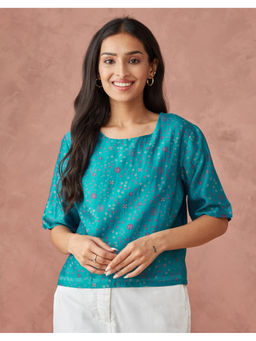 Fabindia - Blue Cotton Silk Woven Short Top