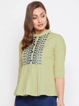 WineRed - Green Women Cotton Embroidered Peplum Tunic