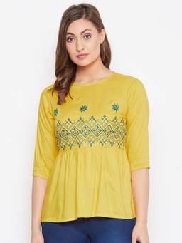 WineRed - Women Yellow Embroidered Peplum Tunic