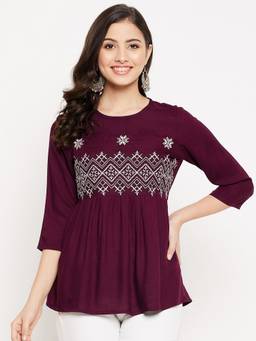 WineRed - Wine Women Embroidered Peplum Tunic
