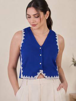WineRed - Blue Women Solid Lace Waistcoat Crop Top