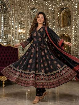 BERRYLICIOUS - Women Black Printed Cotton Angrakha Flared Kurta with Pant and Dupatta