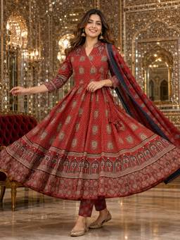BERRYLICIOUS - Women Rust Printed Cotton Angrakha Flared Kurta with Pant and Dupatta