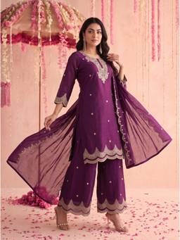 Mamicha - Royal Purple Embroidered Sharara and Dupatta
