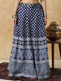 SALWAR STUDIO - Navy Blue Mirror work Cotton Garba Navratri Festive Skirt