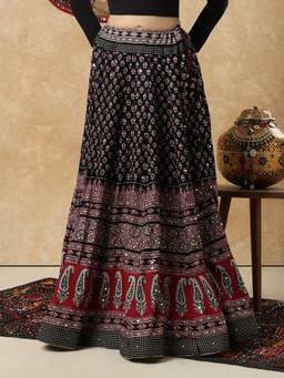 SALWAR STUDIO - Black Ajrak Mirror work Garba Navratri Festive Cotton Skirt