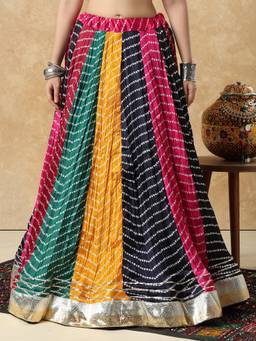 SALWAR STUDIO - Multi-Color Silk Bandhani Printed Garba Navratri Festive Skirt