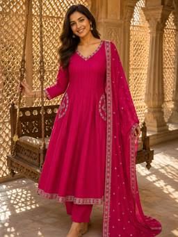 BERRYLICIOUS - Women Pink Silk Sequinned Embroidered Anarkali Kurta with Pant and Dupatta