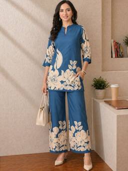 DECKEDUP - Women Blue Floral Printed Co-Ords