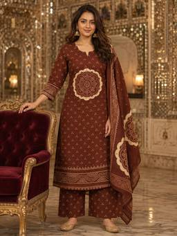 BERRYLICIOUS - Women Brown Cotton Bandhani Kurta with Palazzo and Dupatta