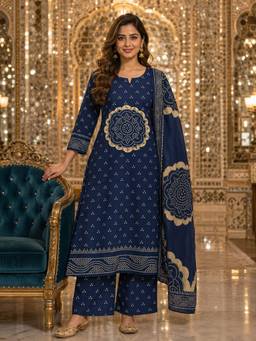 BERRYLICIOUS - Women Blue Cotton Bandhani Kurta with Palazzo and Dupatta