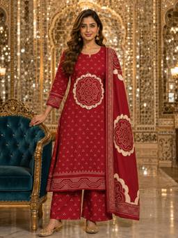 BERRYLICIOUS - Women Red Cotton Bandhani Kurta with Palazzo and Dupatta