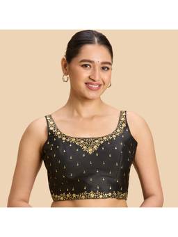 Studio Shringaar - Black Faux Raw Silk Embroidered Padded Saree Blouse