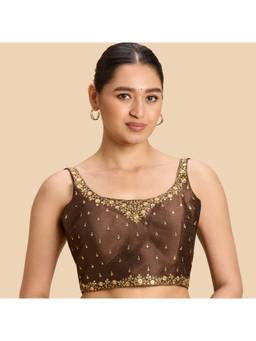Studio Shringaar - Brown Faux Raw Silk Embroidered Padded Saree Blouse