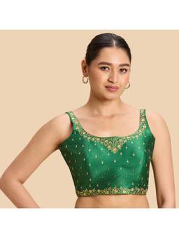 Studio Shringaar - Green Faux Raw Silk Embroidered Padded Saree Blouse