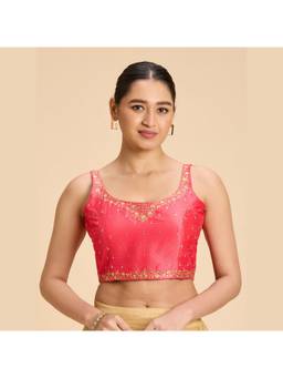 Studio Shringaar - Pink Faux Raw Silk Embroidered Padded Saree Blouse