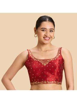 Studio Shringaar - Maroon Faux Raw Silk Embroidered Padded Saree Blouse