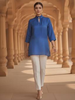 Zolo Label - Women's Royal Blue Solid High Neck Longline Tunic