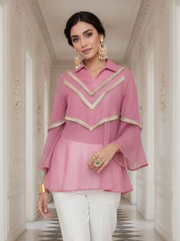 Zolo Label - Women's Pink Embroidered Bell Sleeve Peplum Tunic