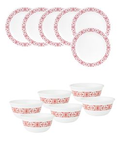 Corelle - Livingware 12 Pc Basic / Mini / Starter Breakfast Set Katori - Red Trellis