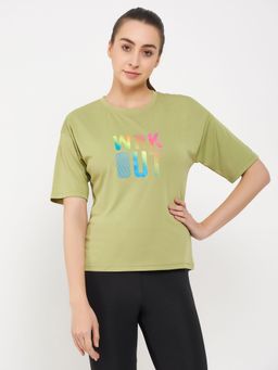 Clovia - Comfort Fit Text Print Active T-shirt in Lime Green