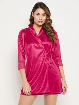 Clovia - Satin Solid Babydoll Dress & Robe (Set of 2)