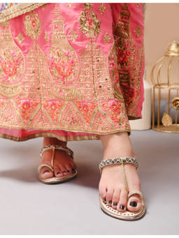 Padchin - Women Golden Toe Ring Flats with Embellished Rhinestone