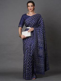 Akhilam - Women Dola Silk Navy Blue Printed Designer Saree with Unstitched Blouse Piece