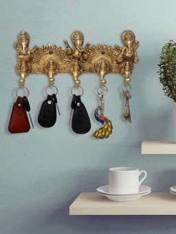eCraftIndia - Musician Lord Ganesha Handcrafted Brass Key Holder with 5 Knobs